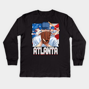 Atlanta Vintage Baseball Lovers American Flag Kids Long Sleeve T-Shirt